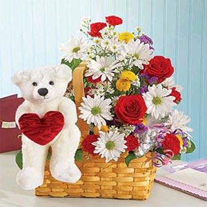 Flower Basket W/ Teddy Bear & Heart