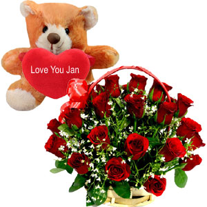 18 pcs Roses in basket W/ Teddy Bear