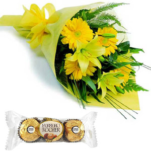 Gerbera & Lily in bouquet W/ Ferrero Rocher Chocolate