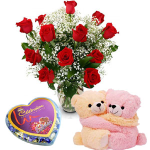 Red roses W/ bear & chocolate