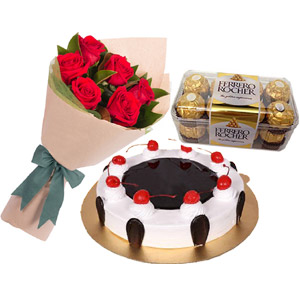 (53) Black Forest Cake W/ 6 pcs Red Roses & Ferrero Rocher chocolate