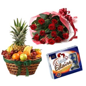 (21)  Fruit Basket W/ 1 dz Red Roses 