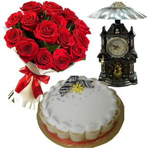 (62) Red Roses W/ Vanilla Cake & Decorated Clock