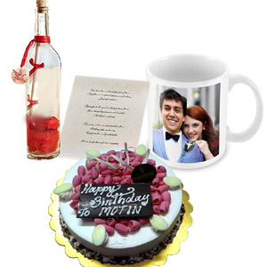 Valentine Round shaped cake, Message in a bottle & Ceramic Picture Mug. 
