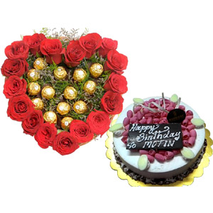 Heart shaped Roses W/ Ferrero Rocher Chocolate & Cake