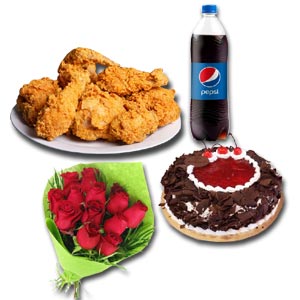 (12)  Mr. Baker - Cake W/ KFC- 4 Pcs Crispy Chicken W/ Pepsi & 12 pcs Red Roses