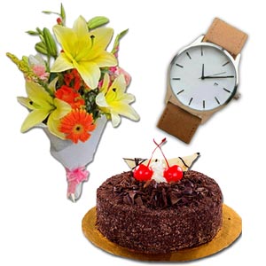  Mixed Flowers W/ Cake & Watch