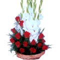 (01) Red roses and Gladiolas in basket