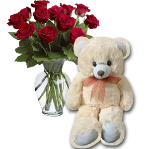 1 dz Red Roses in vase W/Bear