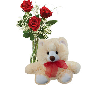 (001) 3 Pcs Red Roses in vase w/ Bear