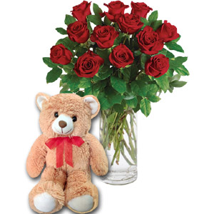(10) 1 dozen roses in vase W/ Teddy Bear