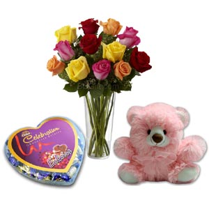 (61) Mixed Roses W/ Bear and Chocolates