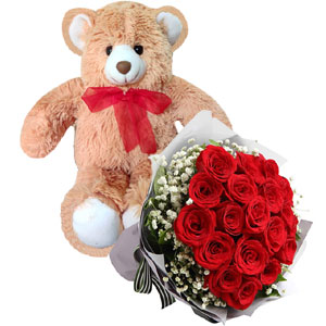 (05) 1 dz red roses w/ bear