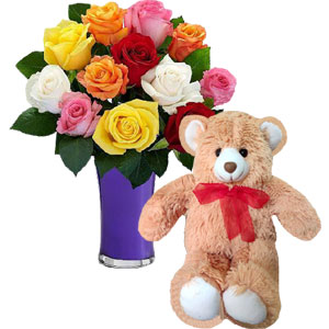 1 dz multicolor roses in vase with teddy bear 