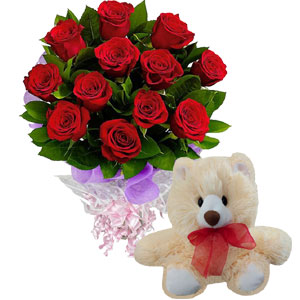 1 Dozen Red Roses W/ Teddy Bear