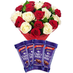 (31) 2 dozen off white and red roses mix W/ Chocolate