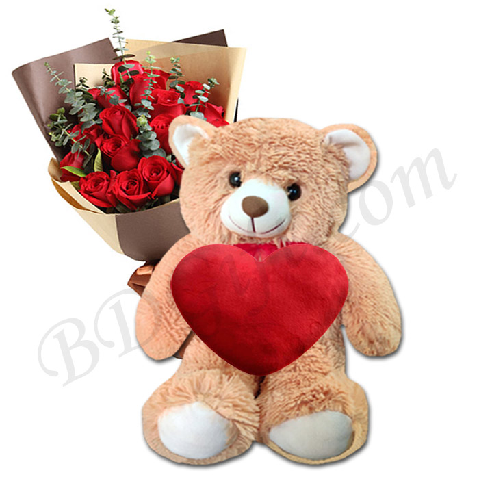 Teddy Bear w/ red heart & 1 dz red roses