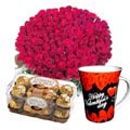 100 Pieces Red Roses W/ Ferrero Rocher Chocolate & Valentine Mug