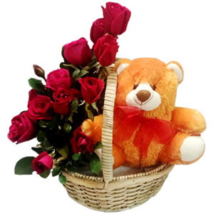 12pcs red roses W/ 6 inch teddy bear