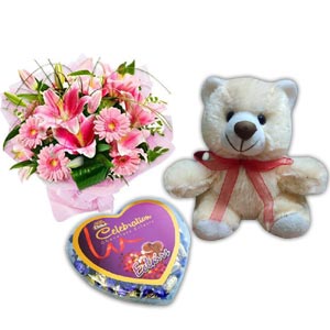 (60) Lily, Gerbera & Carnation in bouquet W/chocolate & Bear 