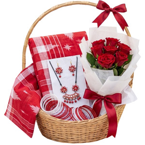 (00006) Boishakhi Red Sharee & Jewelry Gift Set