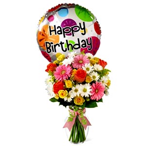 Birthday Balloon w/ 2 dz roses & gerberas in a vase