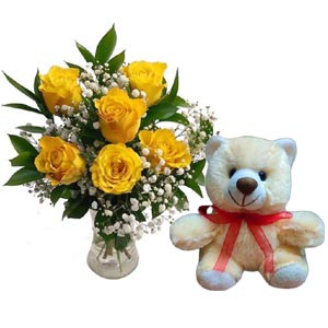 3 Pcs Yellow Roses in vase w/ Bear