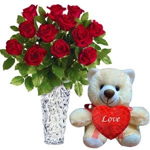 Teddy Bear W/ 1 dozen Red Roses in a Vase