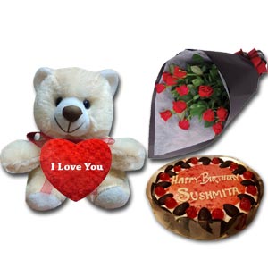 (69) Cooper's- 2.2 pound black forest cake W/ 12 pcs Roses & Love Bear