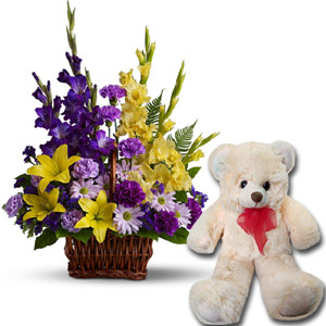 (28) Flower Basket W/ Teddy Bear