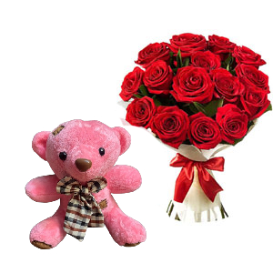 Twin bear W/ 1 Dozen red roses 