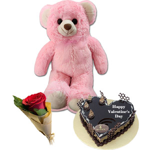 Teddy bear with cake and rose
