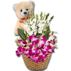 (41) Flower Basket W/ Teddy Bear