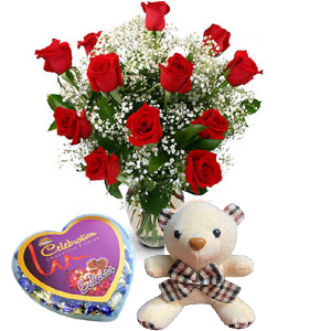 Red roses W/ bear & chocolate