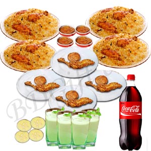 Fakruddin Chicken Biryani W/ Chicken Roast, Zali Kabab, Firney, Chatni, Borhani & Coke - 4 Person (Half Plate)
