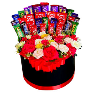 Chocolate Paradise Basket with 24 Mixed Roses