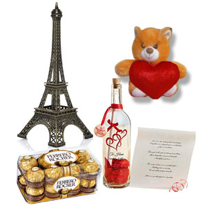 Chocolate  W/ message in a bottle,Eiffel tower and teddy bear