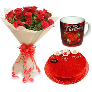 (02) Red Roses W/ Red Velvet Cake & Birthday Mug