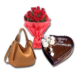 (27) Handbag W/ 1 dz Red Roses & Cake
