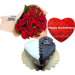 (13) Red Roses W/ Cake & Anniversary Heart shaped pillow 