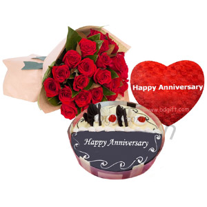 (13) Red Roses W/ Cake & Anniversary Heart shaped pillow 