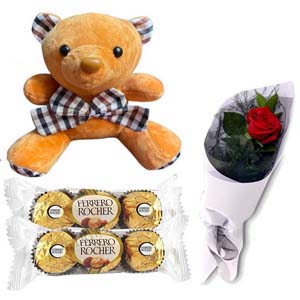 (001) Twin Bear W/ 1 Piece Rose & Chocolate