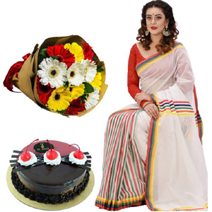 (014) Saree with gerberas and cake