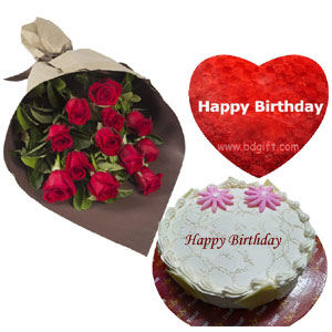 (004) Red Roses W/ Cake & Birthday Heart shaped pillow  