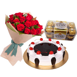 (57) Black Forest Cake W/ 2 Dozen Red Roses &  Ferrero Rocher chocolate