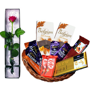 Assorted Choco Lover Basket W/ 1 Piece Red Rose in a box