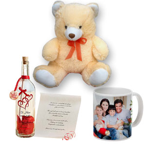 Teddy Bear W/ Photo Mugs & Message in a Bottle