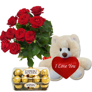 Roses W/ Ferrero Rocher chocolate, & Bear.