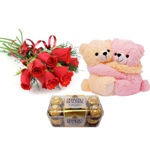 Teddy Bear W/ Red roses & Chocolates