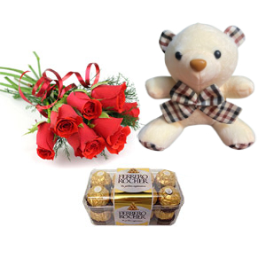 Teddy Bear W/ Red roses & Chocolates